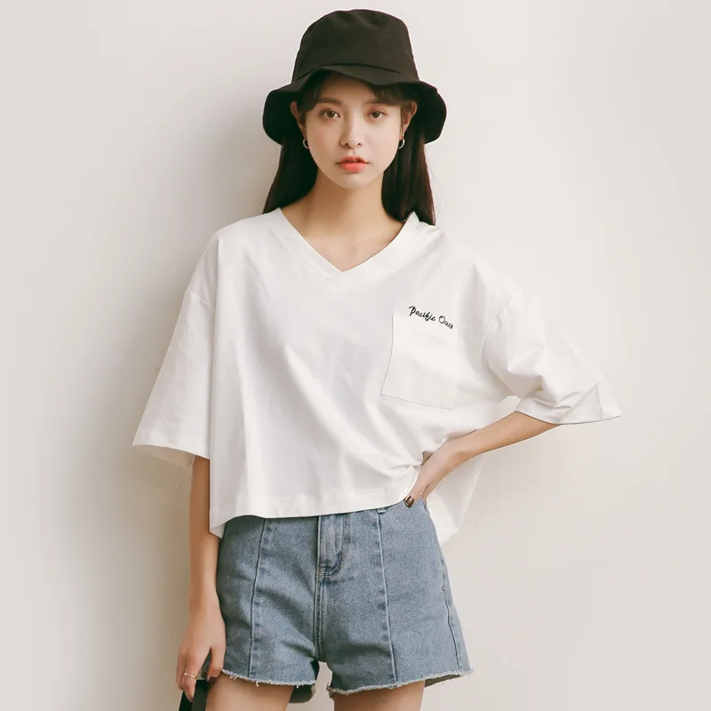 summer t-shirts loose V-neck letter embroidery cotton t-shirt women short-sleeve black white and orange crop top A595 | Женская одежда
