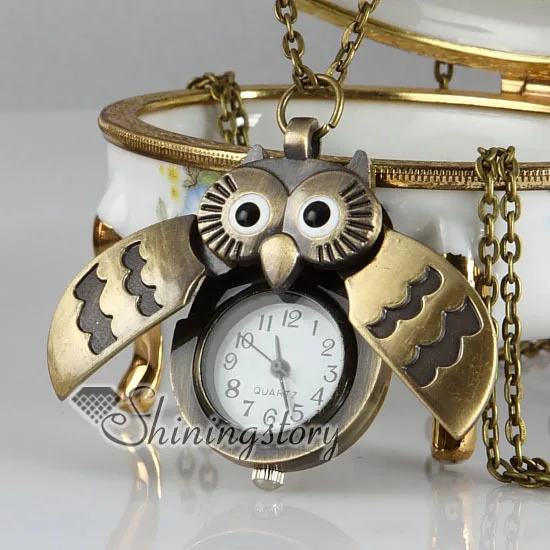 Ночная Сова Бронзовая Античная стильная Длинная цепочка карманные часы подвески