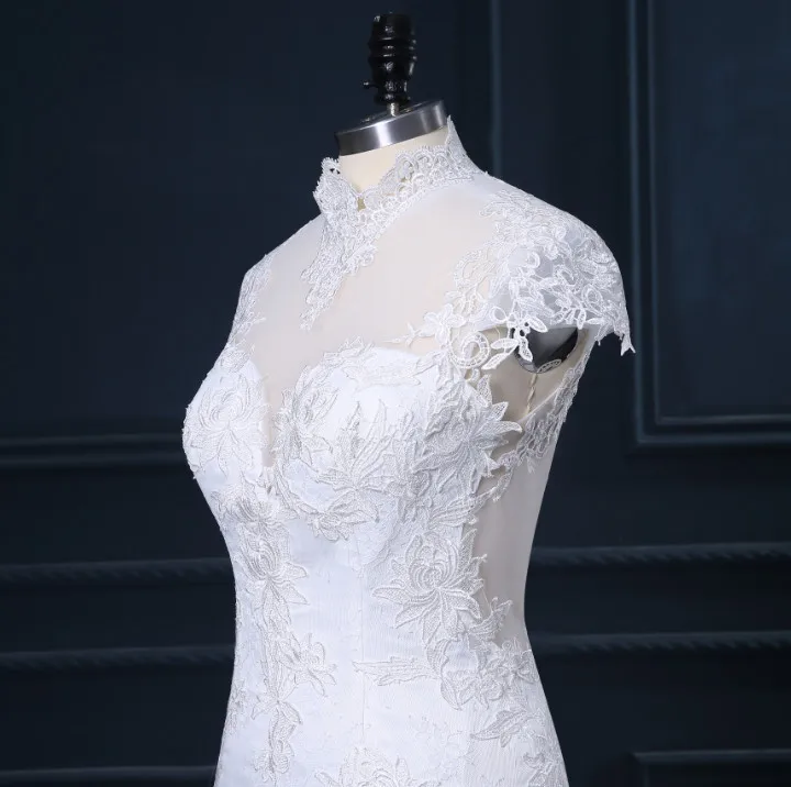 Real Image Vestido De Casamento High Neck Sheer Back Cap Sleeve Lace Mermaid Wedding Dresses Noiva 2015 PL388 | Свадьбы и торжества