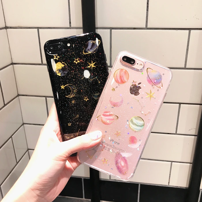 Sevenqi Роскошный блеск звезд Чехол для iPhone 7 плюс 6 6S сверкающих Сатурн Луна кремния