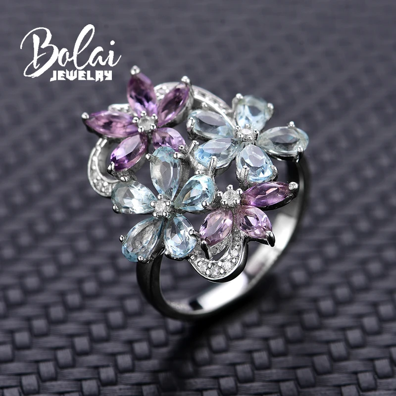 Bolaijewelry цветок и листья натуральный аметист или кольцо с голубым топазом в 925
