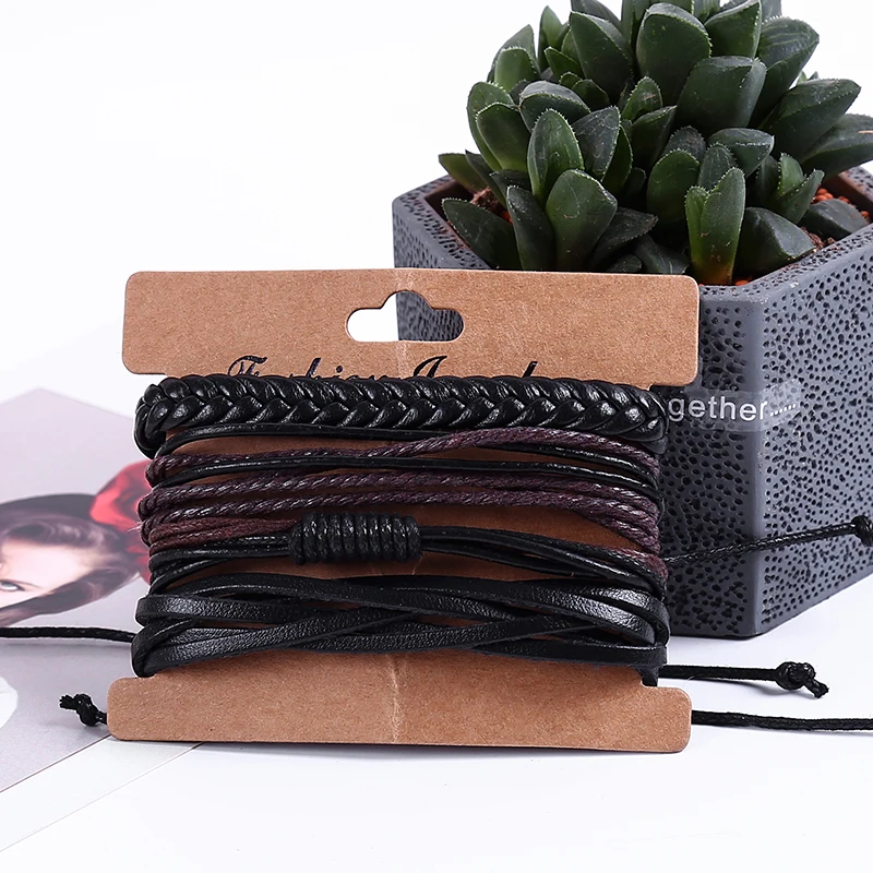 2018 модный Многослойный кожаный браслет для мужчин и женщин 4 шт./компл. плетеные