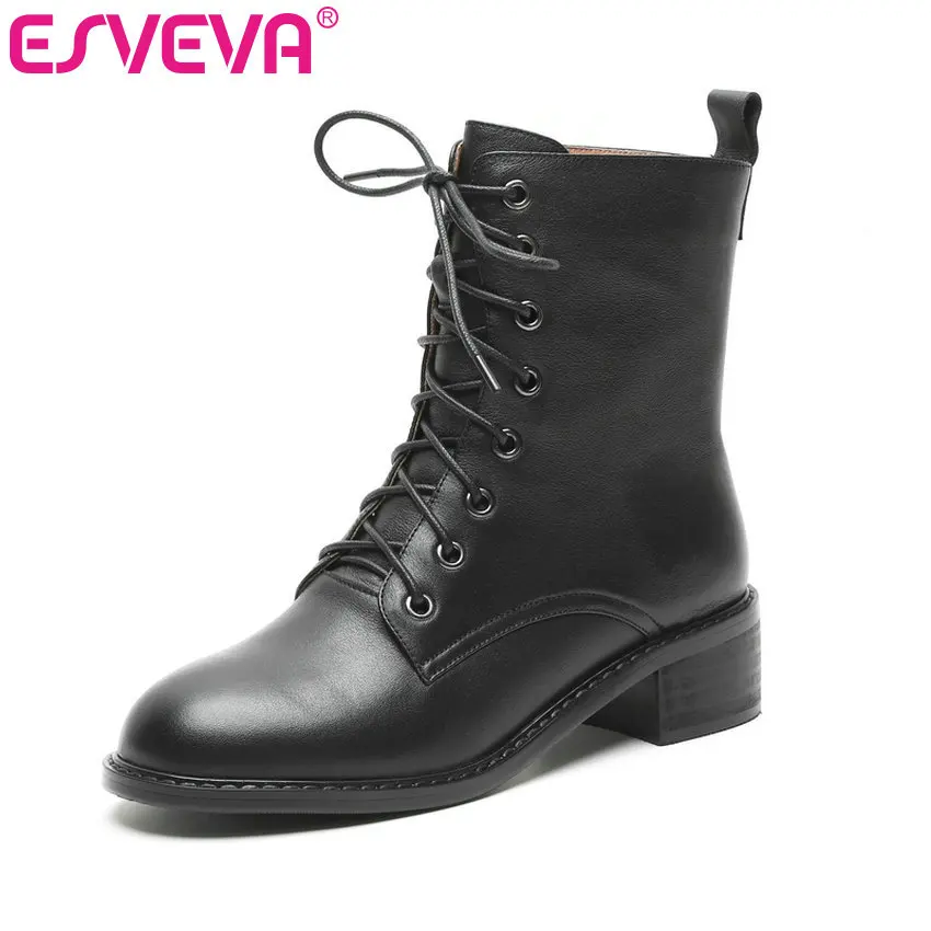 Женские ботинки на шнуровке ESVEVA Осенняя обувь из бычьей и искусственной кожи