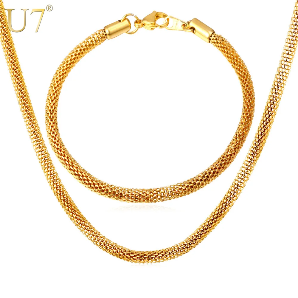 

U7 316L Stainless Steel Jewelry Set Gold Color 2 Size Round Popcorn Necklace Set For Men Jewelry Wholesale S748