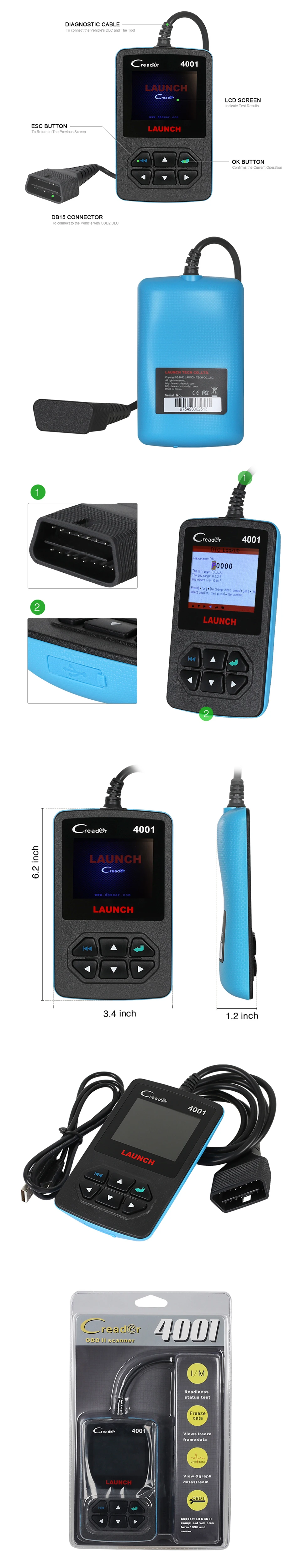 Launch X431 Creader 4001 OBD2 OBDII считыватель кода сканер многоязычный CR4001 CR 419 диагностический специфический DTCs бесплатное обновление онлайн
