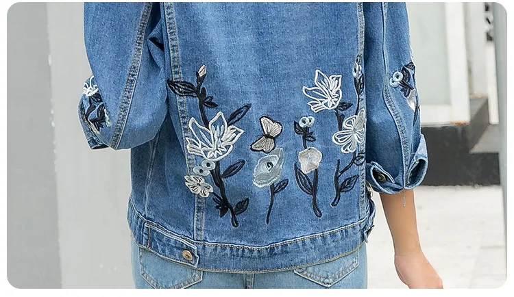 Для женщин с цветочным узором и вышивкой бабочка джинсовая короткая куртка 2019