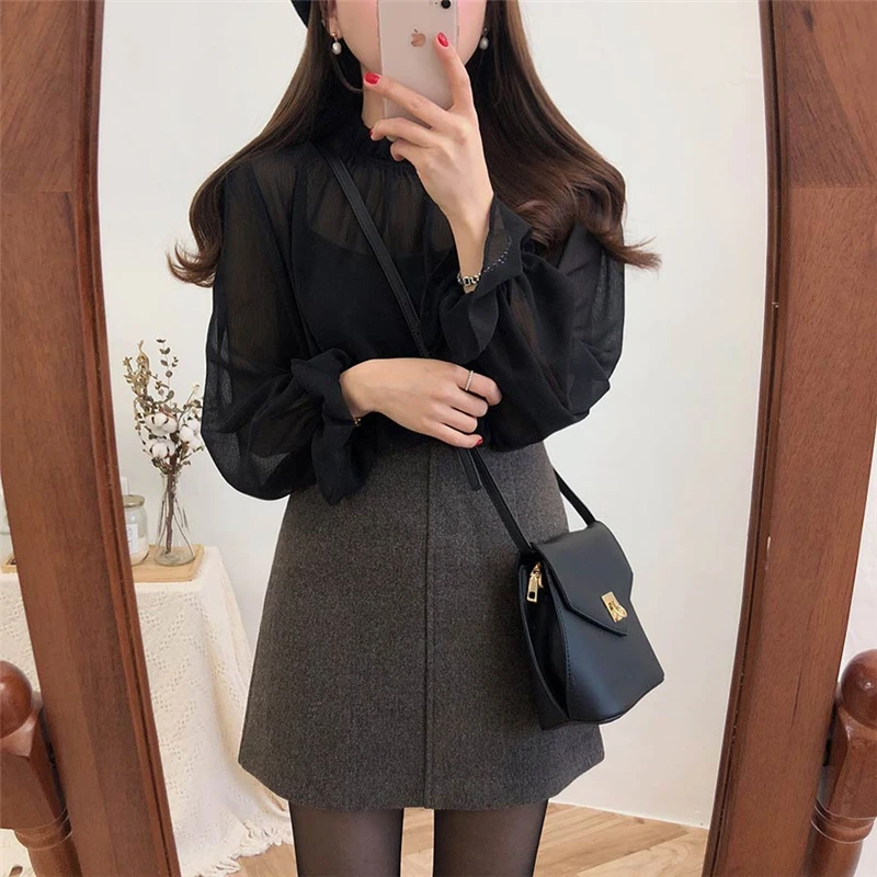 Винтаж v-образный вырез расклешенный рукав в горошек женская блузка Рубашки