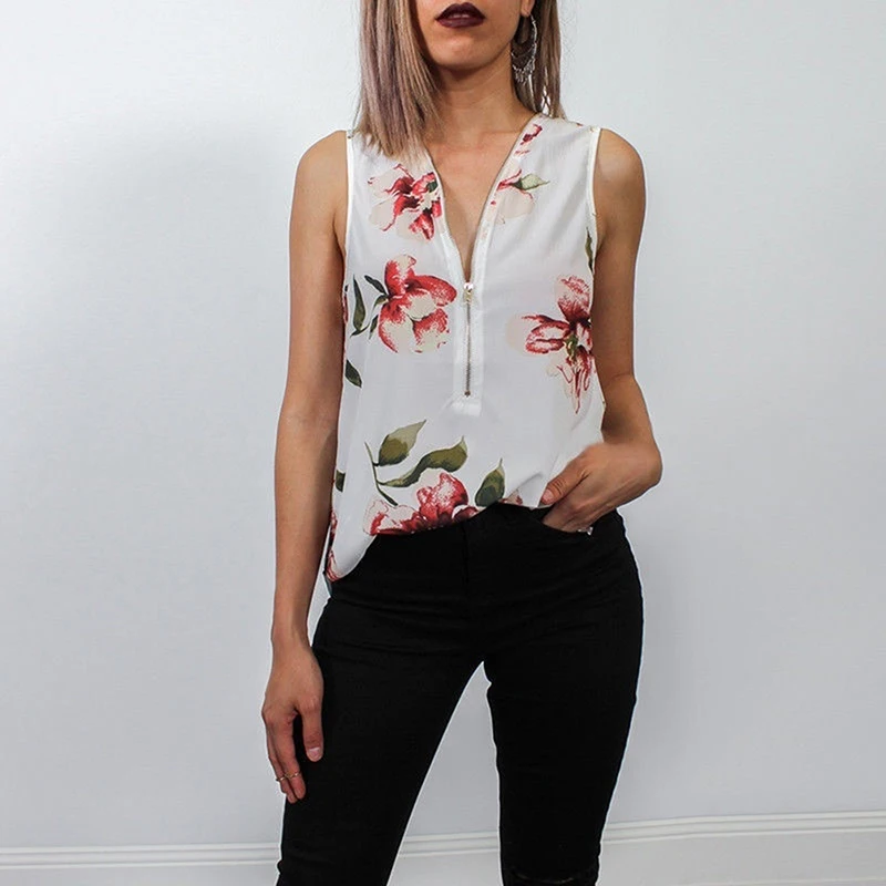 Женский цветочный принт v образным вырезом жилет Мода молния без рукавов