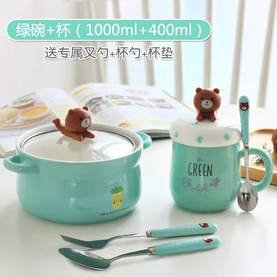 green bowl and cup Креативная керамическая миска мультяшная мгновенная миска для лапши с крышкой милая Студенческая миска для супа фруктовая Салатница кухонная посуда - Цвет: green bowl and cup