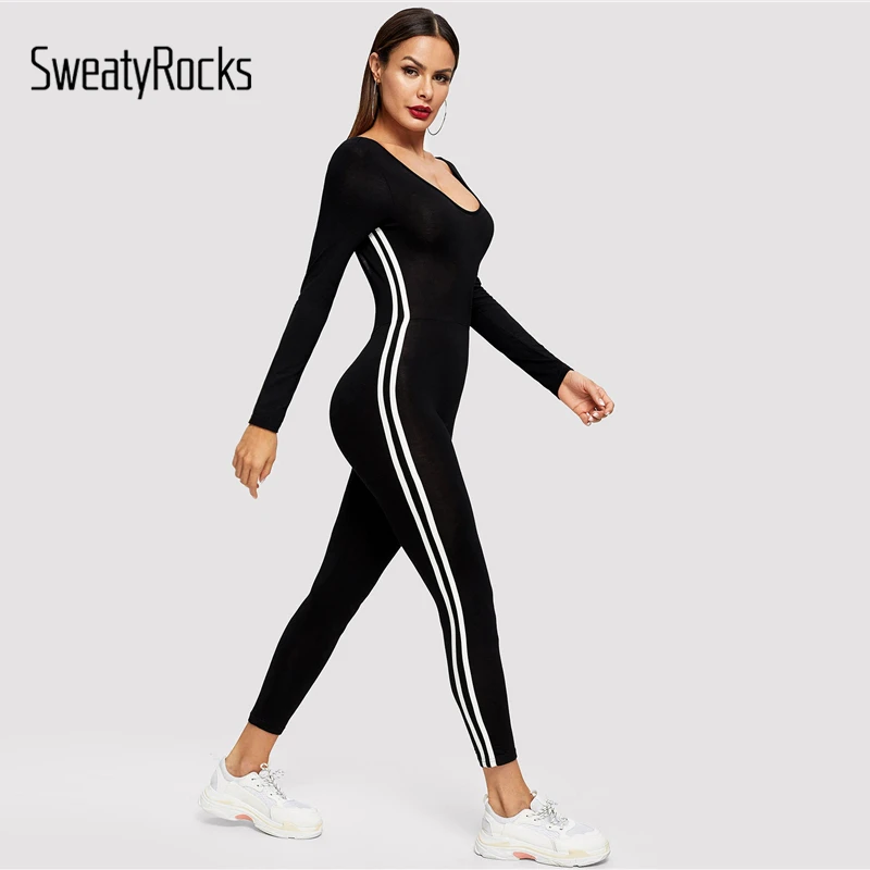 SweatyRocks, полосатый комбинезон с боковым швом и открытой спиной, комбинезон для активного отдыха, макси-комбинезон, весна, Женский обтягивающий комбинезон для фитнеса