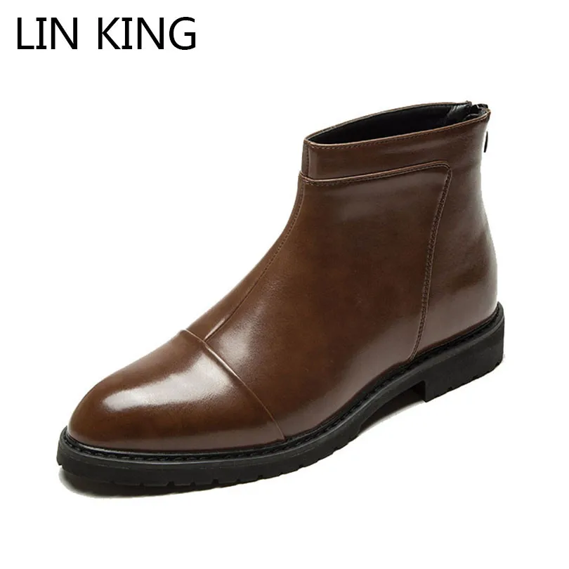 LIN KING/Новинка; сезон осень; мужские кожаные ботинки челси с высоким берцем; повседневные короткие ботинки; модные ботинки с острым носком на молнии; мужские Ботильоны; botas
