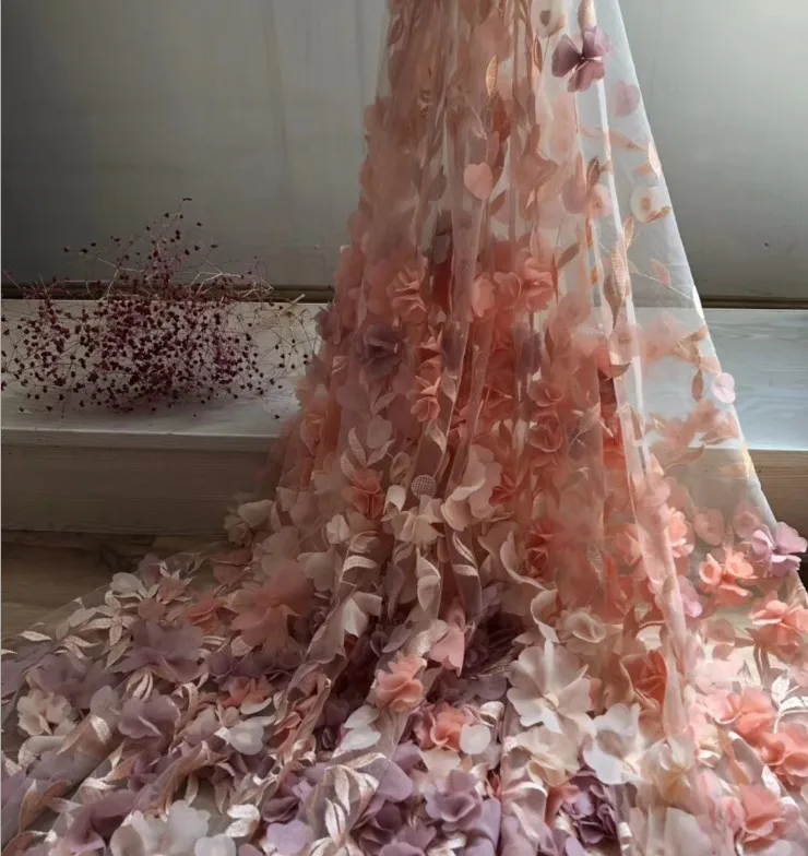 1 ярд персиковая розовая 3d кружевная ткань с шифоном кутюр тяжелая ручной работы
