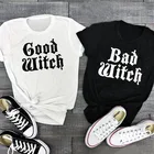 Забавная рубашка на Хэллоуин, футболка с надписью Good Witch Bad Witch, Женская Повседневная футболка с надписью Best Friend на Хэллоуин, топы со слоганом и круглым вырезом