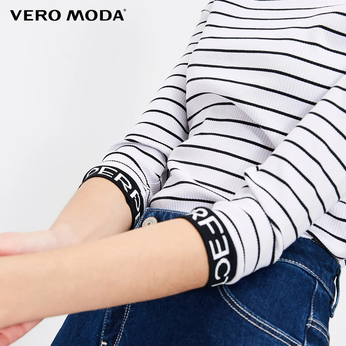 Vero Moda Новая Женская Полосатая футболка с буквенным принтом 3/4 рукавами | 318330511