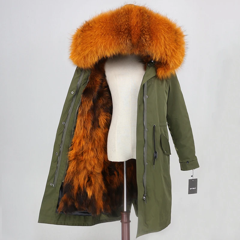 green orange OFTBUY X-long Parka, водонепроницаемая верхняя одежда, зимняя куртка для женщин, натуральный мех енота, капюшон, подкладка из лисьего меха, Съемный натуральный мех - Цвет: green orange