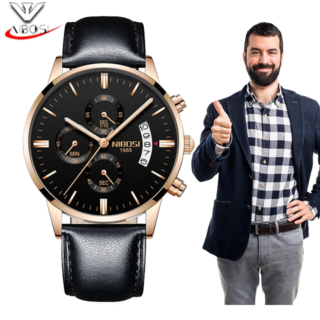 Модные мужские часы NIBOSI 2018 кварцевые ведущего роскошного бренда с кожаным
