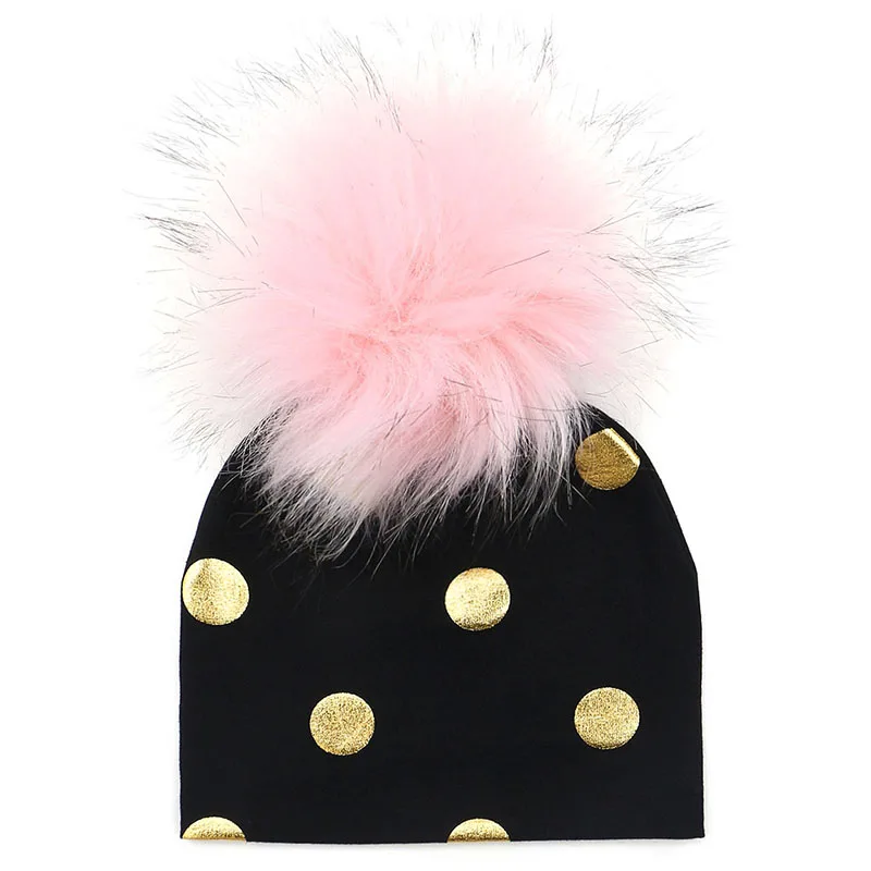 GZHilovingL Brand Newborn Kids Baby Boys Girls Warm Winter Spotted Cotton Beanie Fur Pom Pom Bobble Hat Cap Winter Warm Hat