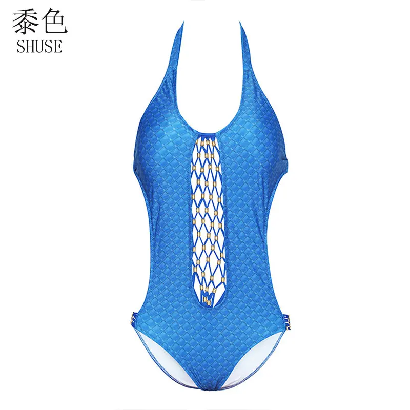 Высокая Вырезать Монокини Одна деталь купальник Для женщин красные синие бинты