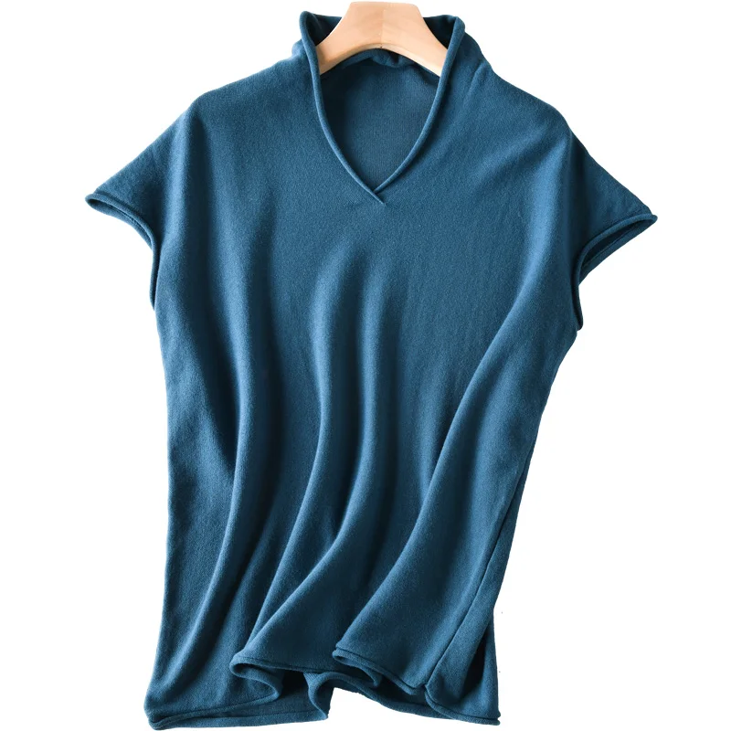 Женский вязаный пуловер из 100% хлопка с коротким рукавом Свободный V-образным