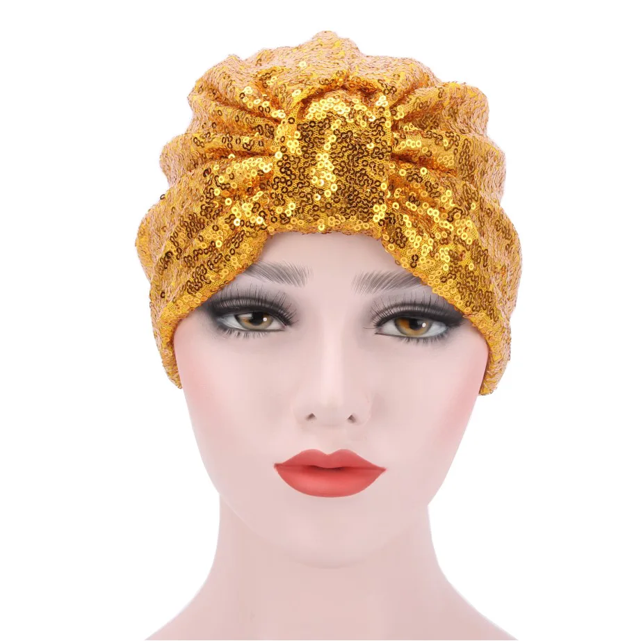 Sequin шарф шляпа популярная мусульманская посылка голова Шапка-тюрбан Женская мода головной убор в индийском стиле уличная голова Кепка хиджаб головной платок аксессуары новые - Цвет: Gold