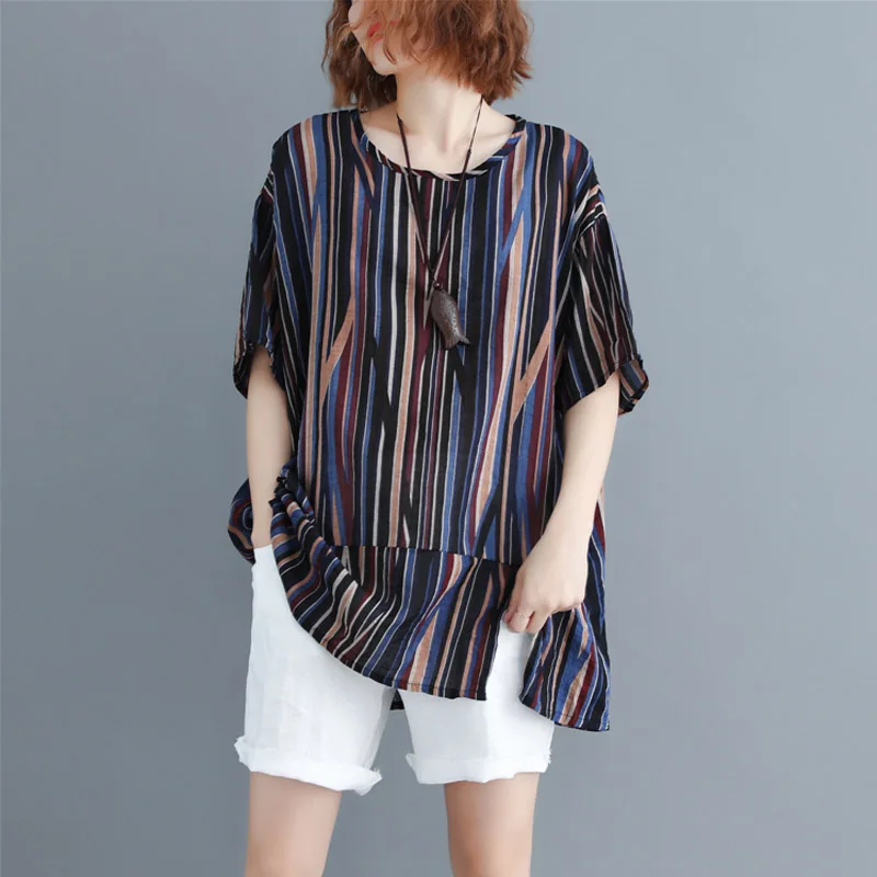 women tshirt Летняя новая хлопковая льняная женская футболка размера плюс винтажные полосатые футболки большого размера Повседневная Свободная футболка Femme 4XL 5XL 6XL - Цвет: women tshirt