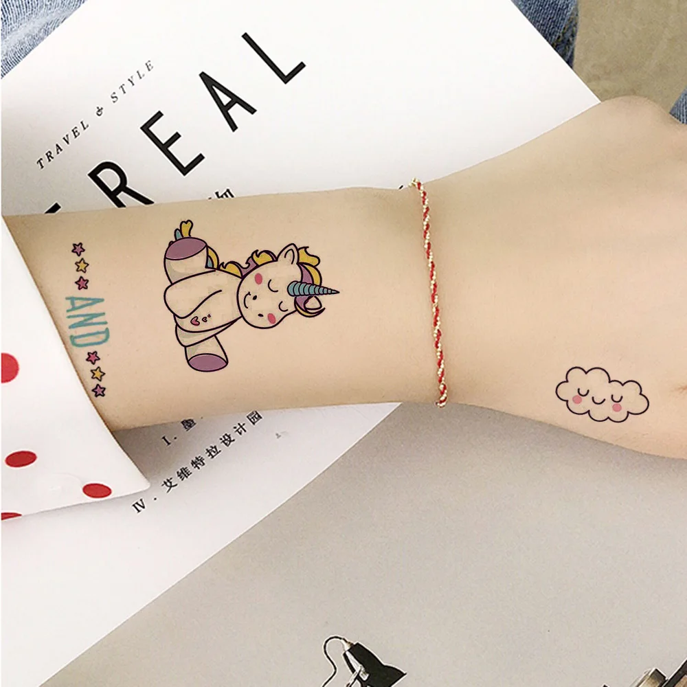 

Милый единорог, лошадь, Мультяшки, переводятся с помощью воды, красочные металлические Временные татуировки, наклейки для детей на руку тат...