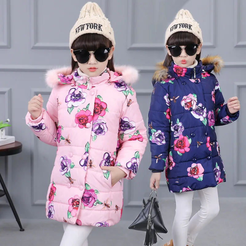 Детские пуховики из хлопка зимняя теплая куртка с меховым воротником и капюшоном