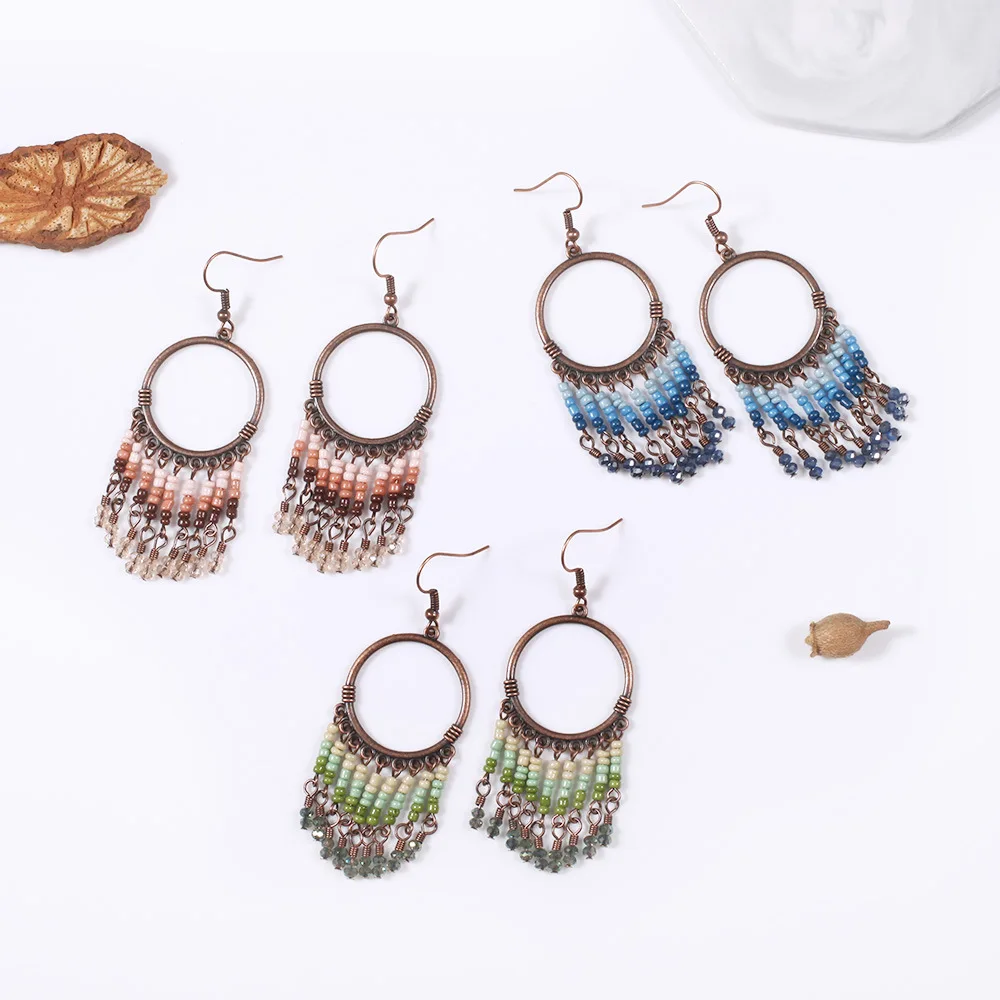 2019 Vintage Beads Earrings Women In Drop Green Simple Big Loop Tassel Fashion Jewelry For Girl Gift | Украшения и аксессуары