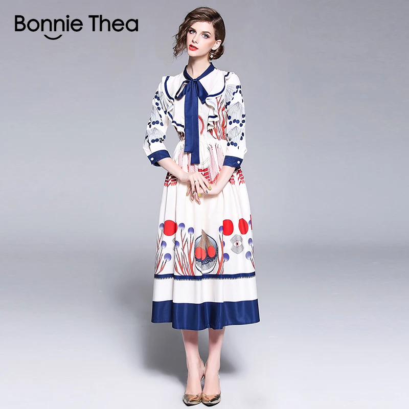 Бонни Thea Женщины Boho белое платье с принтом 2018 Лето и Осень шифон эластичным