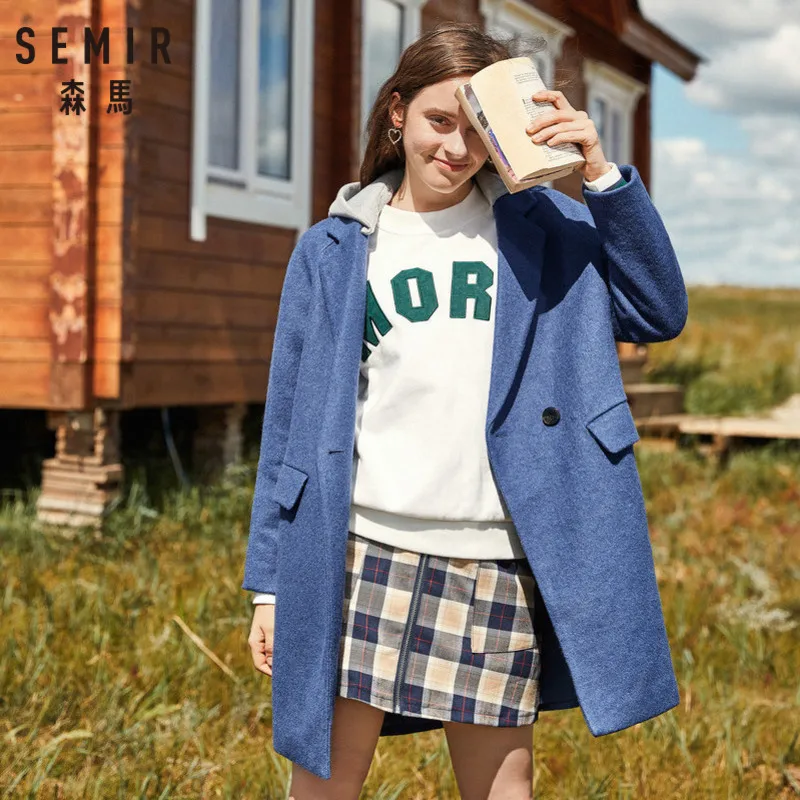 Женское двубортное пальто с капюшоном SEMIR из смесовой шерсти контрастным