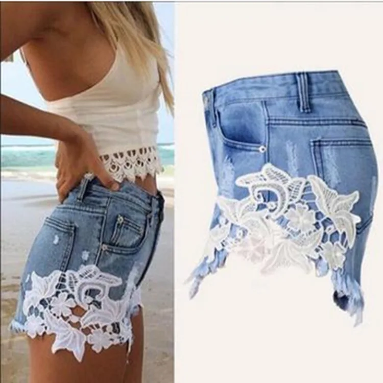 Women Jeans Shorts Mid Waist Button Fly Sexy Summer Blue Ripped Frayed Mini Denim Floral Lace Edge |