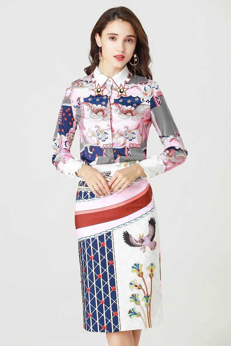 High quality new designer Fashion Two Pieces Set Women's Long Sleeve Embroidery Shirt and Printed Skirt Casual Shirt Sets Suits