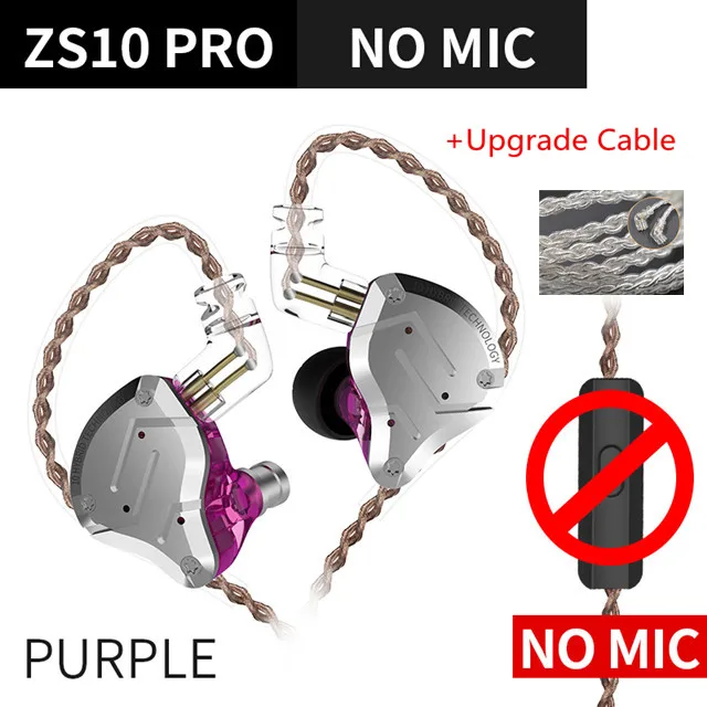 purple no mic silver KZ ZS10 PRO 4BA+ 1DD гибридная Hi-Fi металлическая гарнитура наушники-вкладыши Спортивная гарнитура с шумоподавлением AS10 AS16 ZST ZSN ES4 T2 ZSX C12 - Цвет: purple no mic silver
