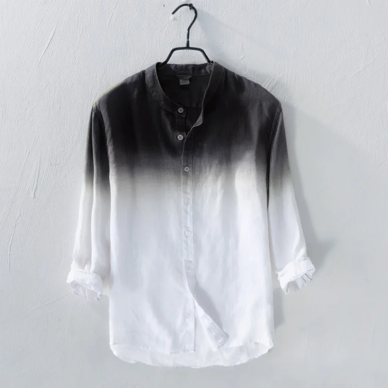 Мужская рубашка с градиентным принтом стоячим воротником длинным рукавом синяя