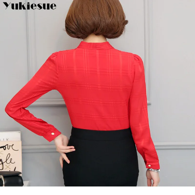 Женская офисная блузка с бантом летняя длинным рукавом и v образным вырезом топы