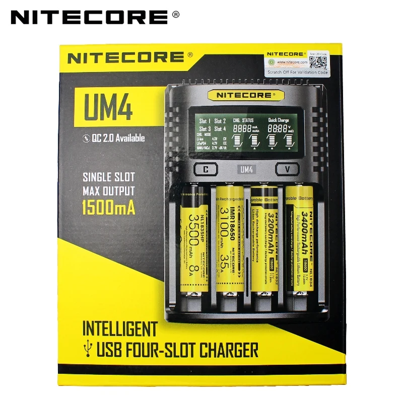 Оригинальное NITECOR UM4 UM2 lcd USB QC умное зарядное устройство для Li-Ion IMR INR ICR LiFePO4 18650 14500 26650 AA 3,7 V 1,2 V 1,5 V