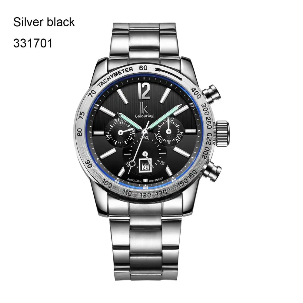 Silver black Элитный бренд IK Автоматические механические часы спортивные часы Для мужчин Автопереключение день дата 24 часа Нержавеющая сталь браслет часы Reloj Hombre - Цвет: Silver black