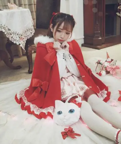 Amourlymei, зимняя женская куртка, японский стиль, Mori Girl, Лолита, милый бант, кружево, с капюшоном, повседневный свободный шерстяной плащ, верхняя одежда, пальто - Цвет: Красный