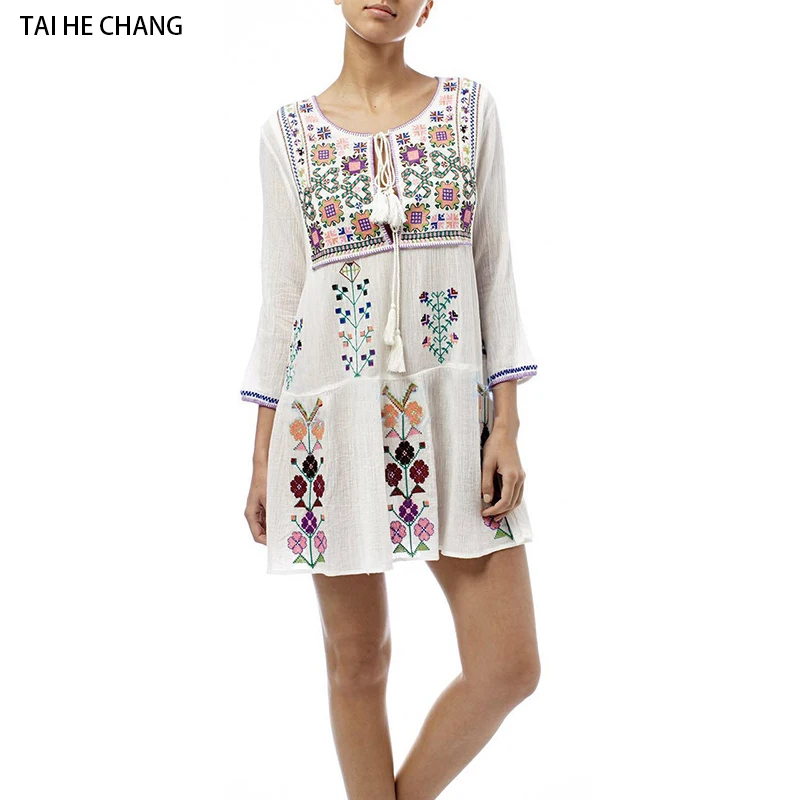

women dress high-end vestidos vintage embroidery bohemian runway loose sexy beach casual mini v-neck white floral dress
