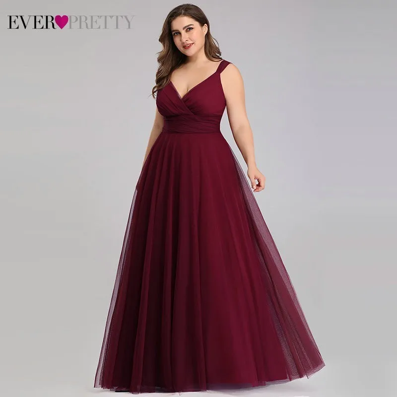 Burgundy Платья подружки невесты размера плюс Ever Pretty EP07303 румяно-розовое платье трапециевидной формы с v-образным вырезом из тюля Элегантное Длинное Платье Lavande для свадебной вечеринки - Цвет: Burgundy