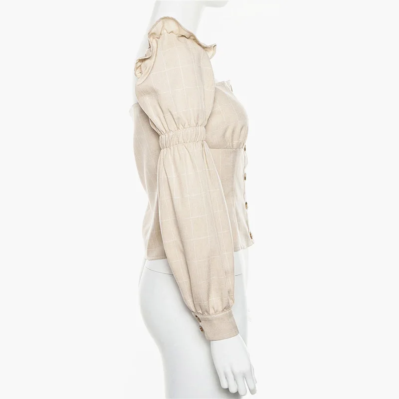 Винтажная клетчатая блузка с длинными рукавами и фонариком Женская Летняя