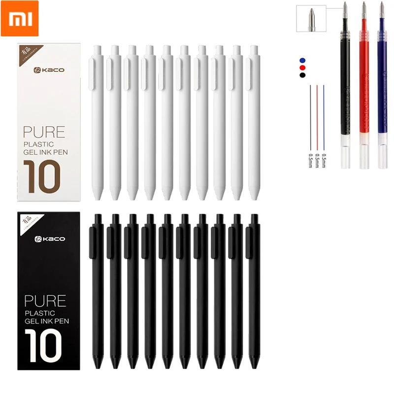 10 шт./упак. Xiaomi KACO ручка 0,5 мм ручка, ручка черный, белый цвет синий ABS Пластик гладкие чернила для студентов школы/офисных работников