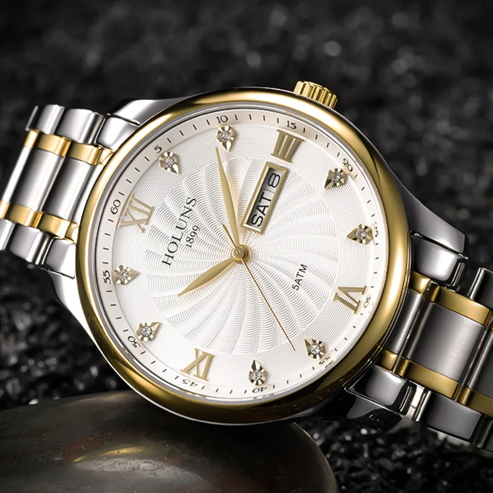 Часы Holuns мужские кварцевые со стразами из нержавеющей стали роскошные золотые