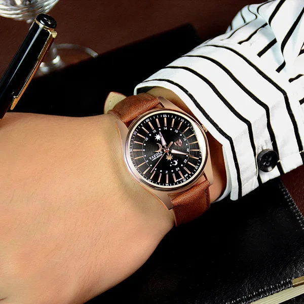 Для мужчин часы Бизнес Марка Водонепроницаемый Солнца и Луны мягкий кожаный