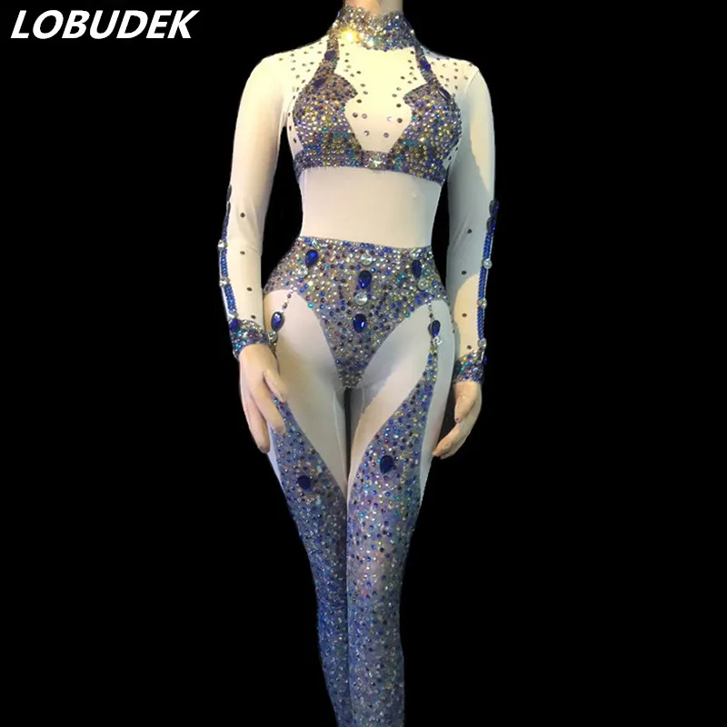 Colorful Rhinestones White Mesh Jumpsuit Sexy Perspective Bodysuit Sexy Women Stage Dance Outfit Nightclub Performance Costume