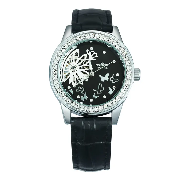 BLACK SILVER BLACK WINNER официальный Повседневное платье для женщин механические часы белый кожаный ремешок Стразы Iced Out Циферблат Дамы Часы Лидирующий бренд класса люкс - Цвет: BLACK SILVER BLACK
