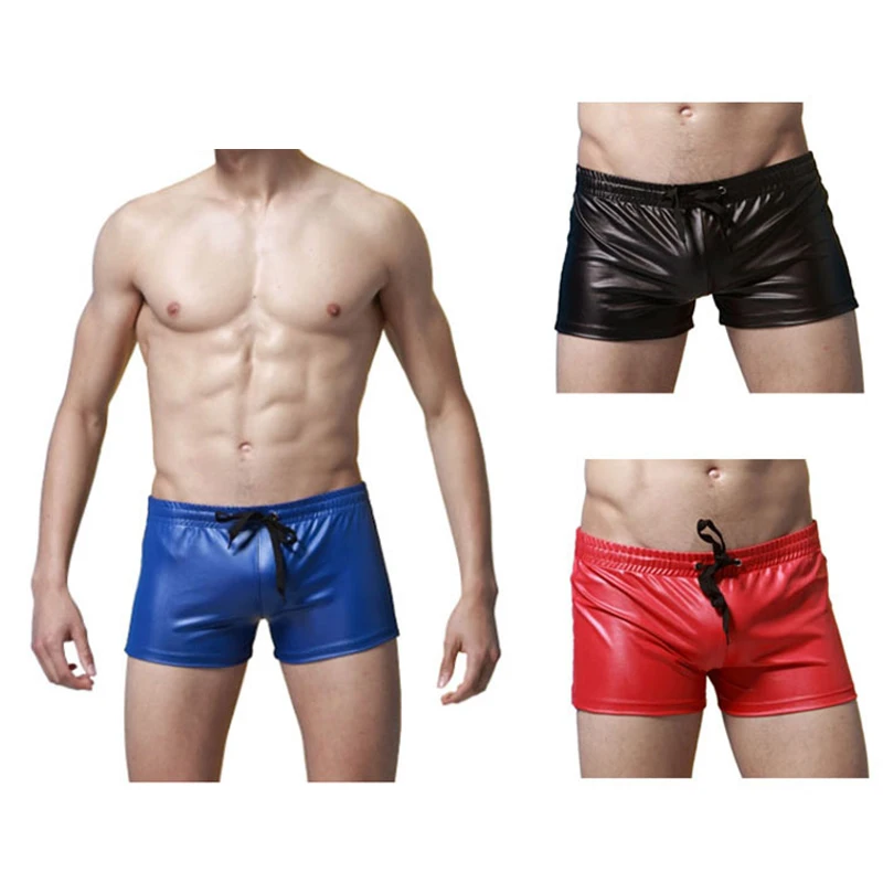 2017 Exclusive Hot Sexy Underwear Male Boxers Faux Leather Latex Short Boxer Wetlook Lace-up Jockstrap Fetish Gay Men Underwear