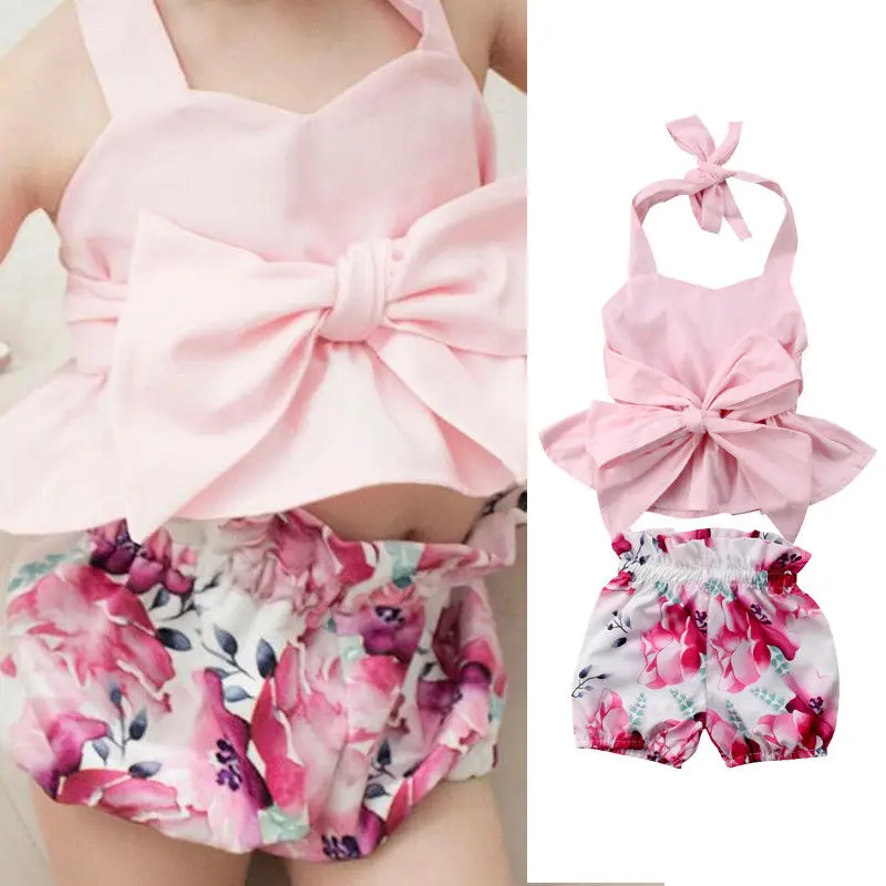 

Toddler Infant Baby Girl Bowknot Pink Tops Floral Shorts Pants Clothes Cute Summer Set 2Pcs