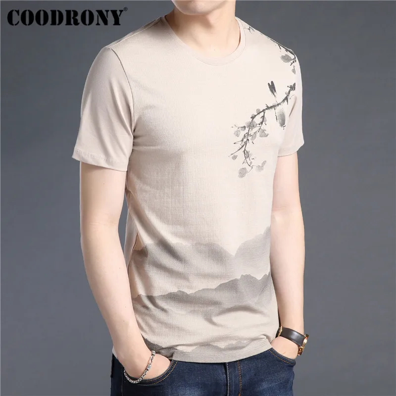 COODRONY, Мужская футболка, мягкая, хлопок, лен, короткий рукав, футболка, мужская, лето, китайский стиль, рисунок, o-образный вырез, футболка, Homme S95029