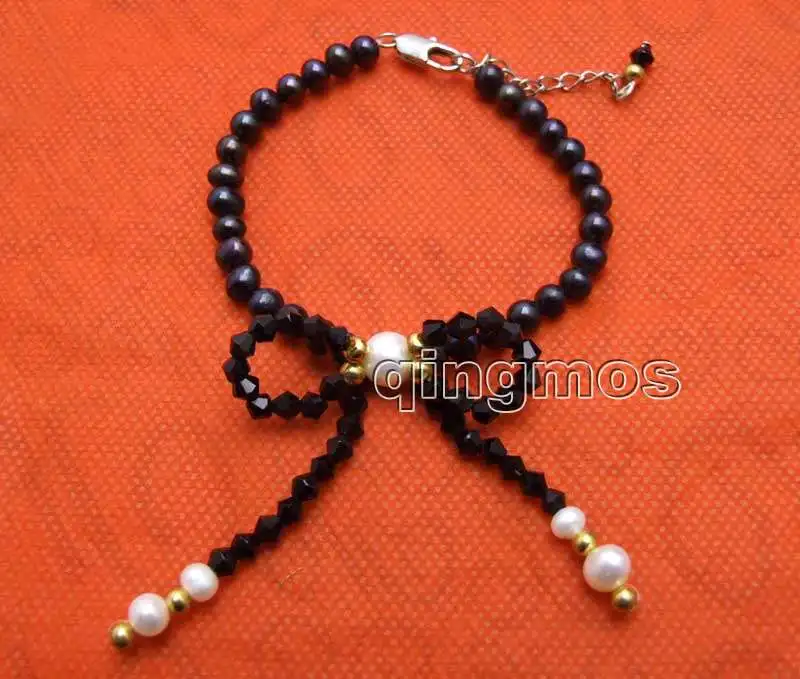 

5-6mm Black Round Natural Pearl 7.5'' Bracelet and Black Crystal Bowknot Pendant-bra409